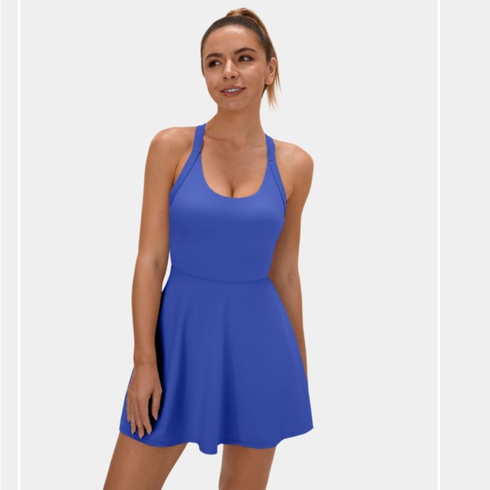 NWT Halara Blue Backless Twist Back Dress with Inner Shorts and Pockets!
